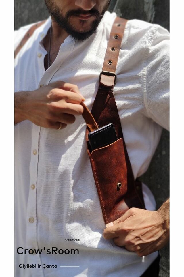 Handmade Hakiki Deri Giyilebilir Vücut Çanta (Holster) Kahverengi