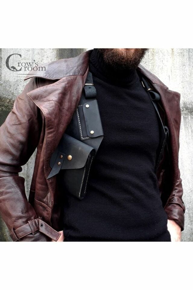 Handmade Deri Giyilebilir Vücut Çanta Holster Siyah