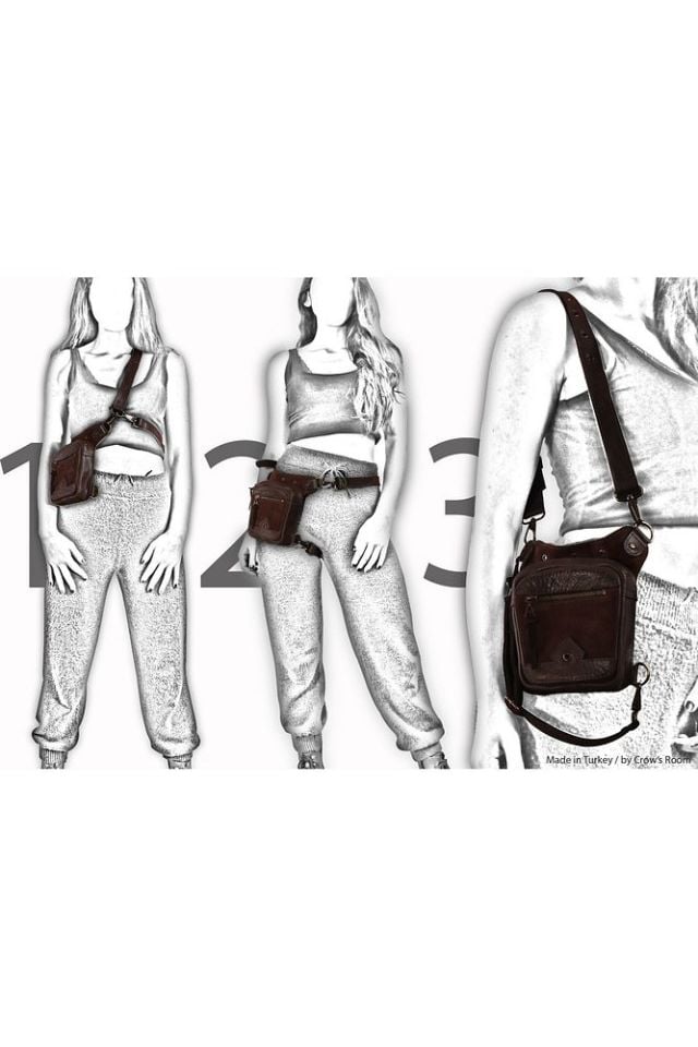 Handmade Fonksiyonel Hakiki Deri Bel ve Bacak Çantası (Küçük model yeşil & taba)