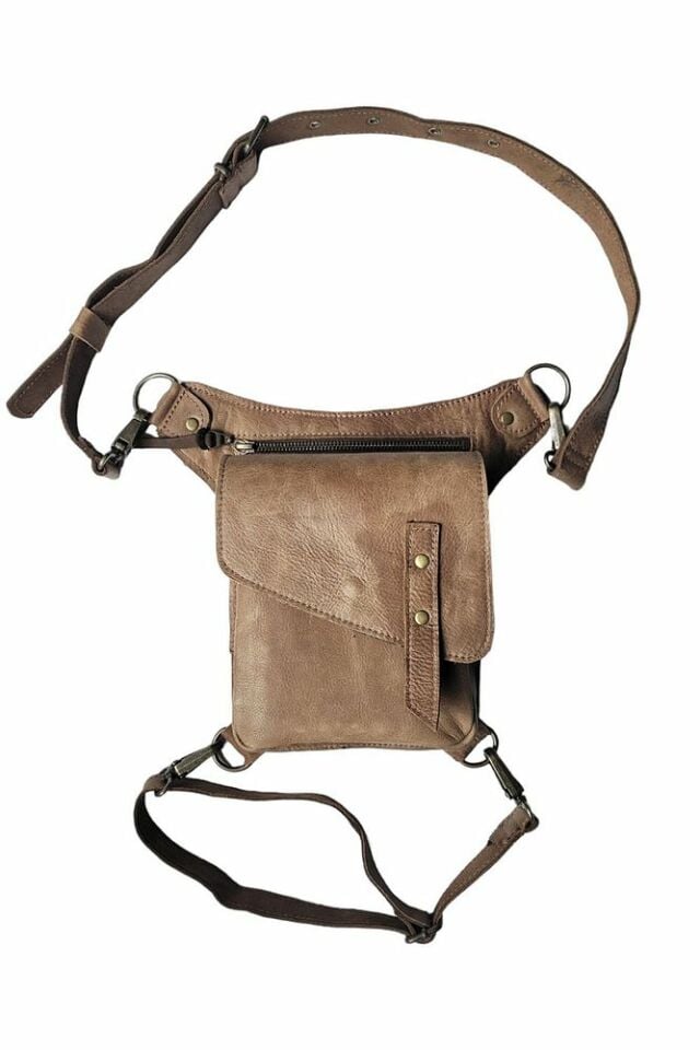 Handmade Fonksiyonel Deri Bel ve Bacak Çantası (Kapaklı Model Açık Kahve)