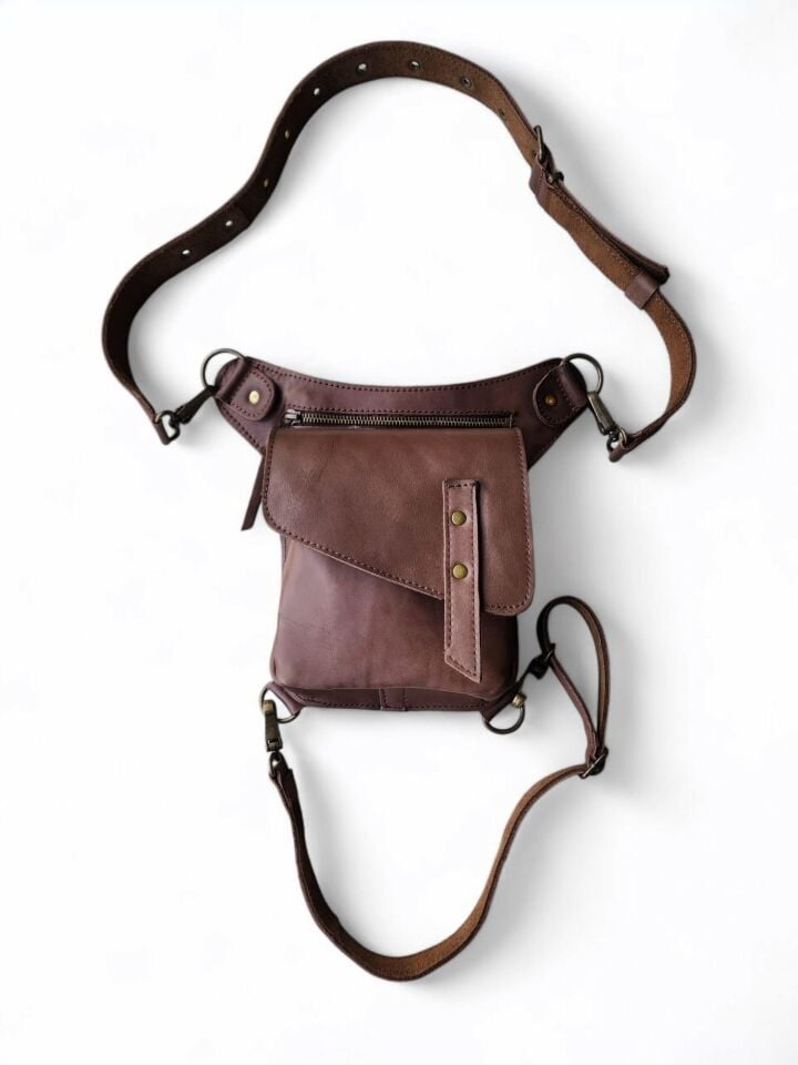 Handmade Fonksiyonel Deri Bel Ve Bacak Çantası (kapaklı Model Kahve)