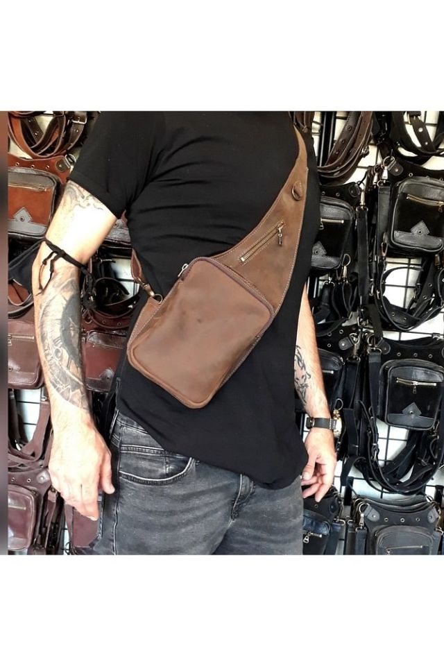 Handmade Giyilebilir Deri Çapraz Model Çanta (kahverengi)