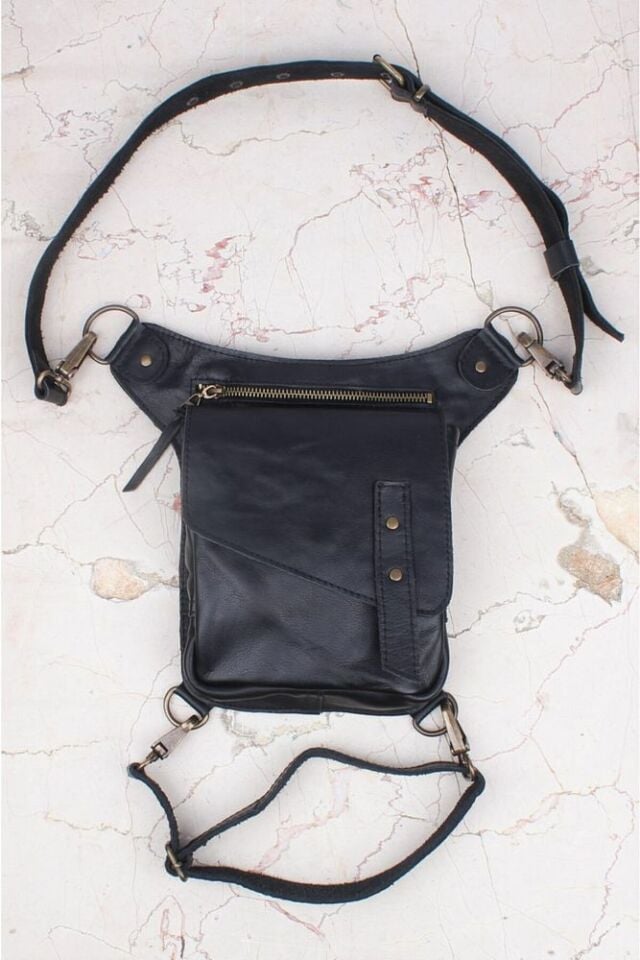 Handmade Fonksiyonel Deri Bel Ve Bacak Çantası Kapaklı Model (Siyah)