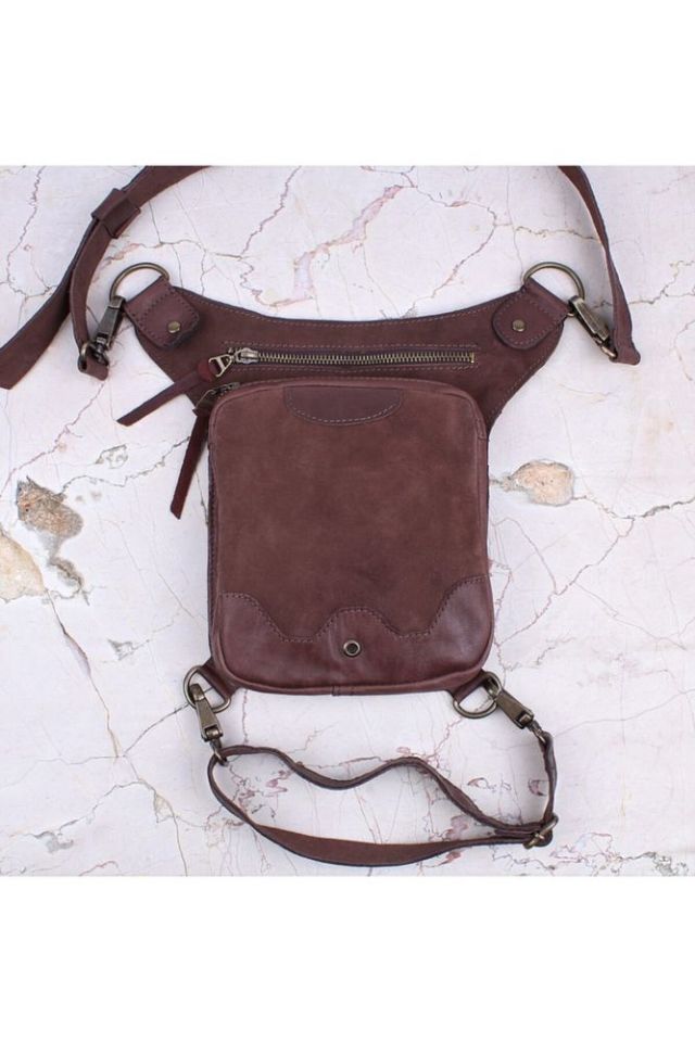 Handmade Fonksiyonel Deri Bel Ve Bacak Çantası (BÜYÜK MODEL KAHVE)