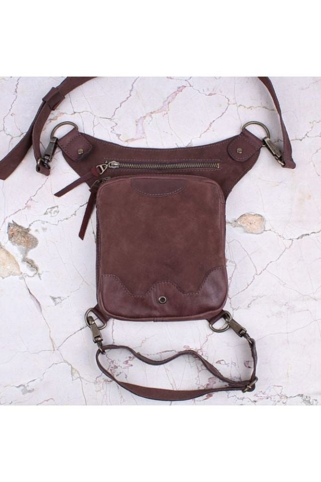 Handmade Fonksiyonel Deri Bel Ve Bacak Çantası (BÜYÜK MODEL KAHVE)