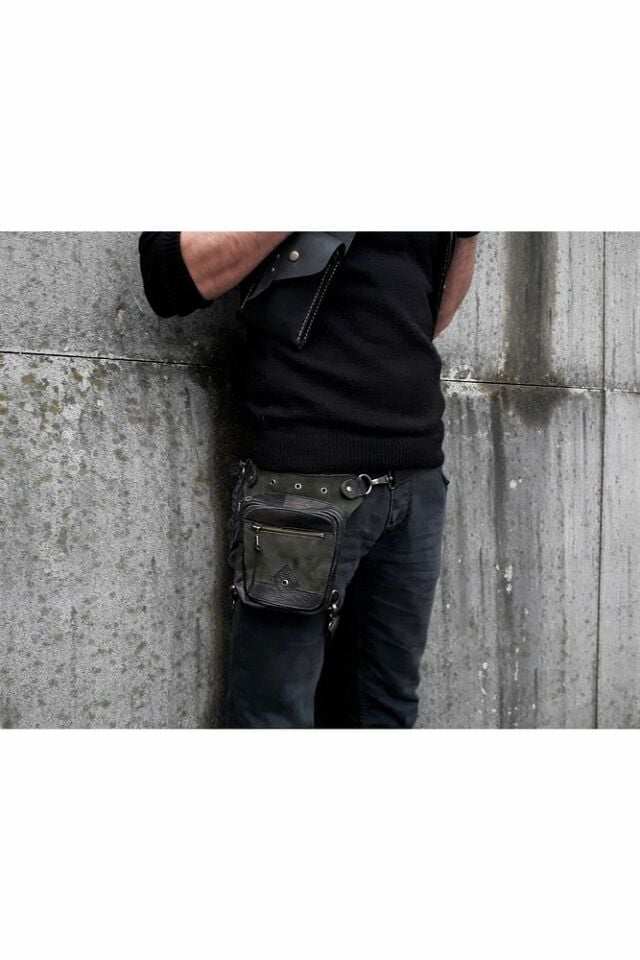 Handmade Fonksiyonel Deri Bel Ve Bacak Çantası (KÜÇÜK MODEL SİYAH&YEŞİL)
