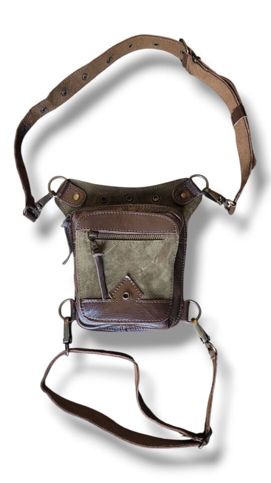 El Yapımı Hakiki Deri Bel & Bacak Çantası - Fonksiyonel Küçük Model (Kahve & Yeşil)