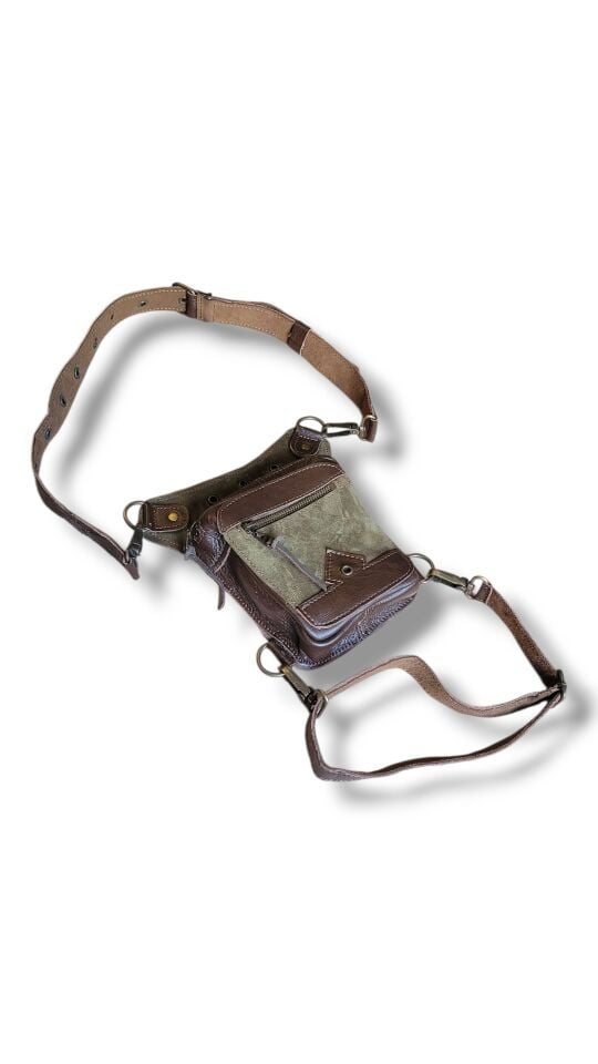 El Yapımı Hakiki Deri Bel & Bacak Çantası - Fonksiyonel Küçük Model (Kahve & Yeşil)