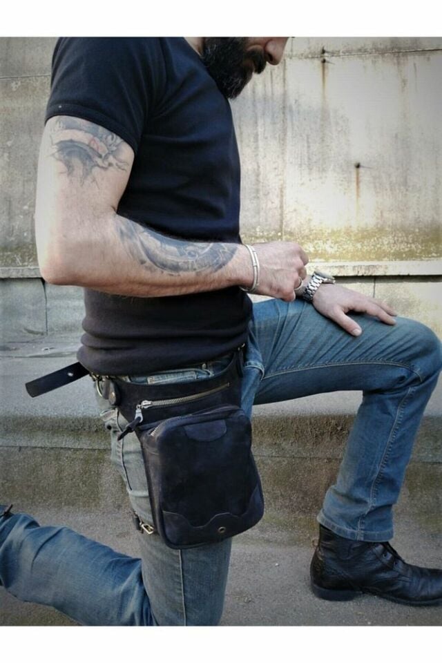 El Yapımı Hakiki Deri Bel & Bacak Çantası - Fonksiyonel Büyük Model (Siyah)