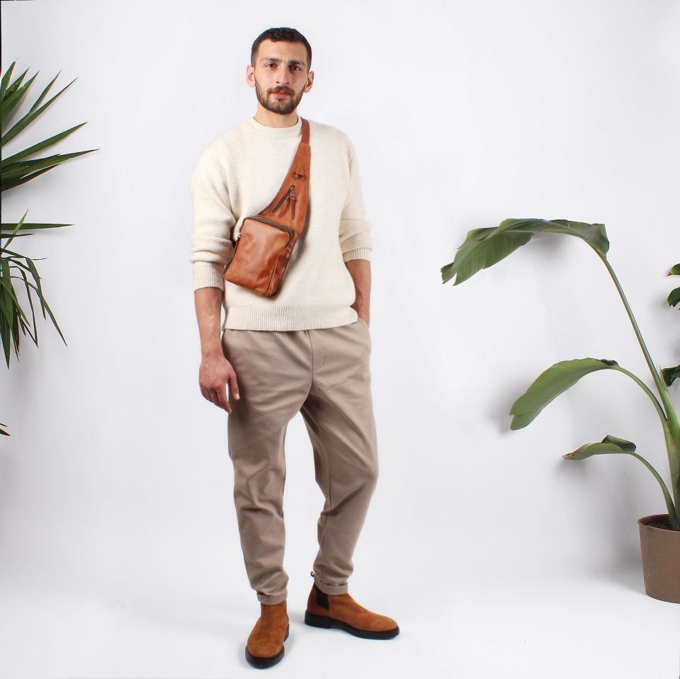 Handmade Hakiki Deri Giyilebilir Çapraz Model Çanta (Taba)